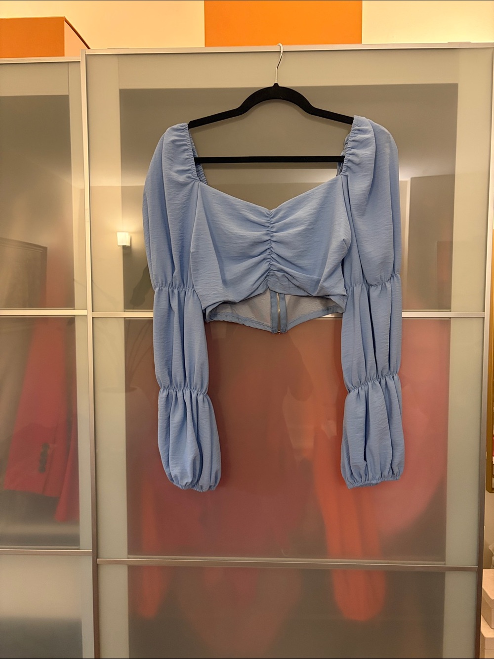Light Blue Ruched Long-Sleeve Crop Top